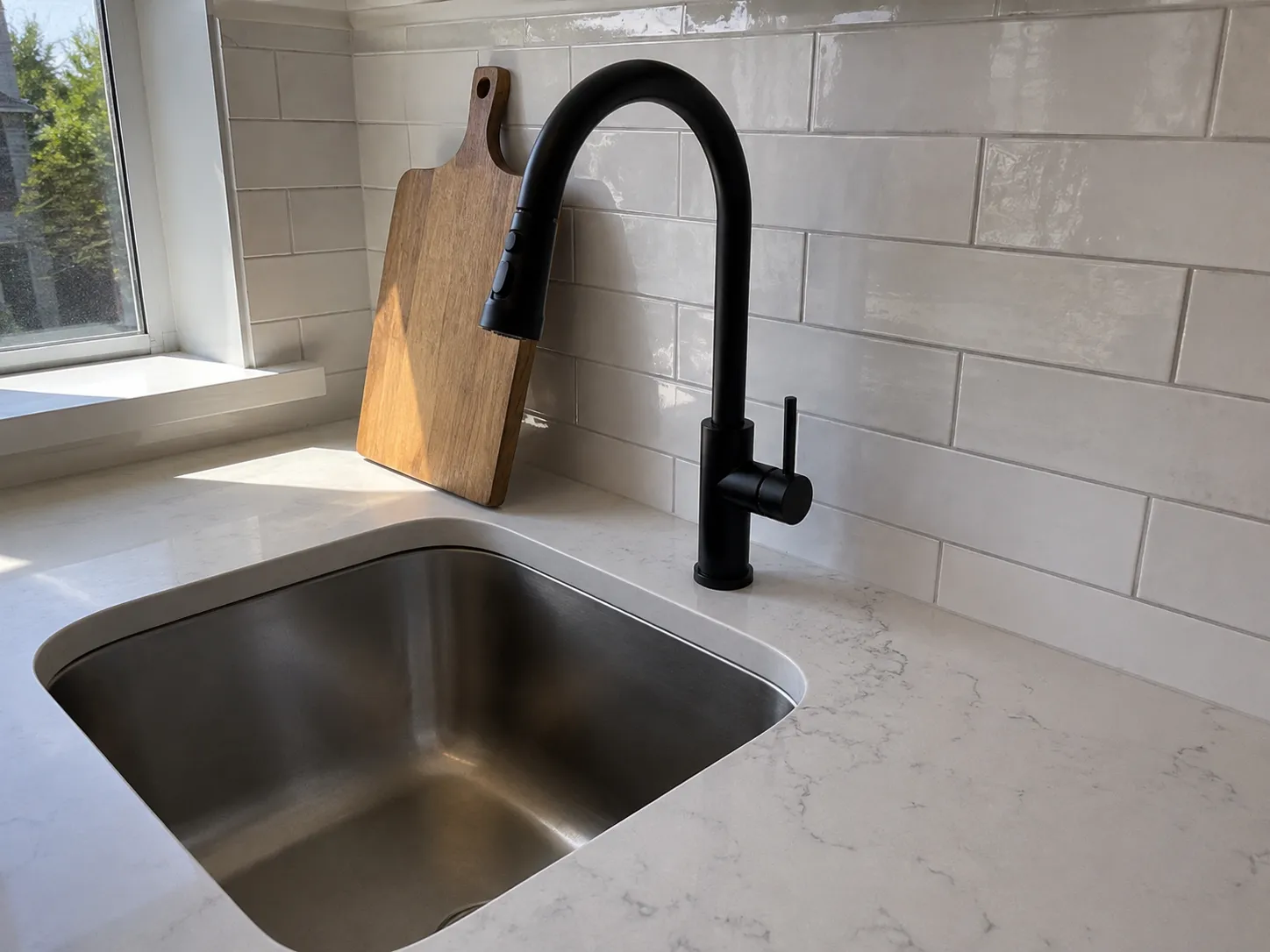 Quartz counter and undermount sink Quartz countertop with undermount sink and matte black faucet in a Topeka, KS kitchen