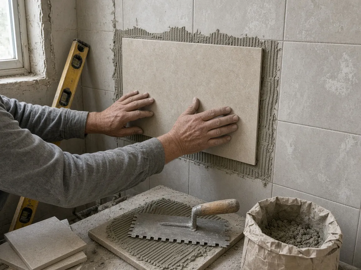 Reference photo of hands setting wall tile in a shower