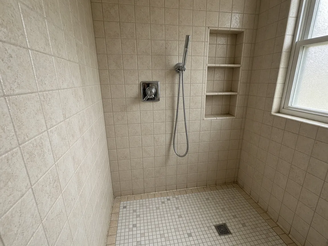 Tiled walk-in shower with a handheld sprayer and shampoo niche, bathroom remodeling Topeka KS reference